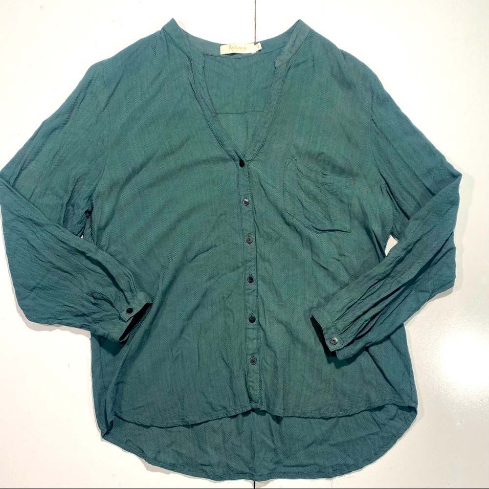 Rabens Saloner Green Emma Herringbone‎ Classic Soft  Button Down Woman’s Shirt S